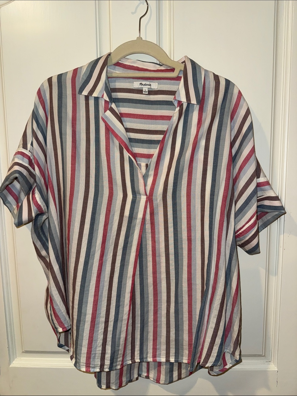 Madewell Relaxed Short-Sleeve Tunic in White, Blue, Red and Gray Stripes
